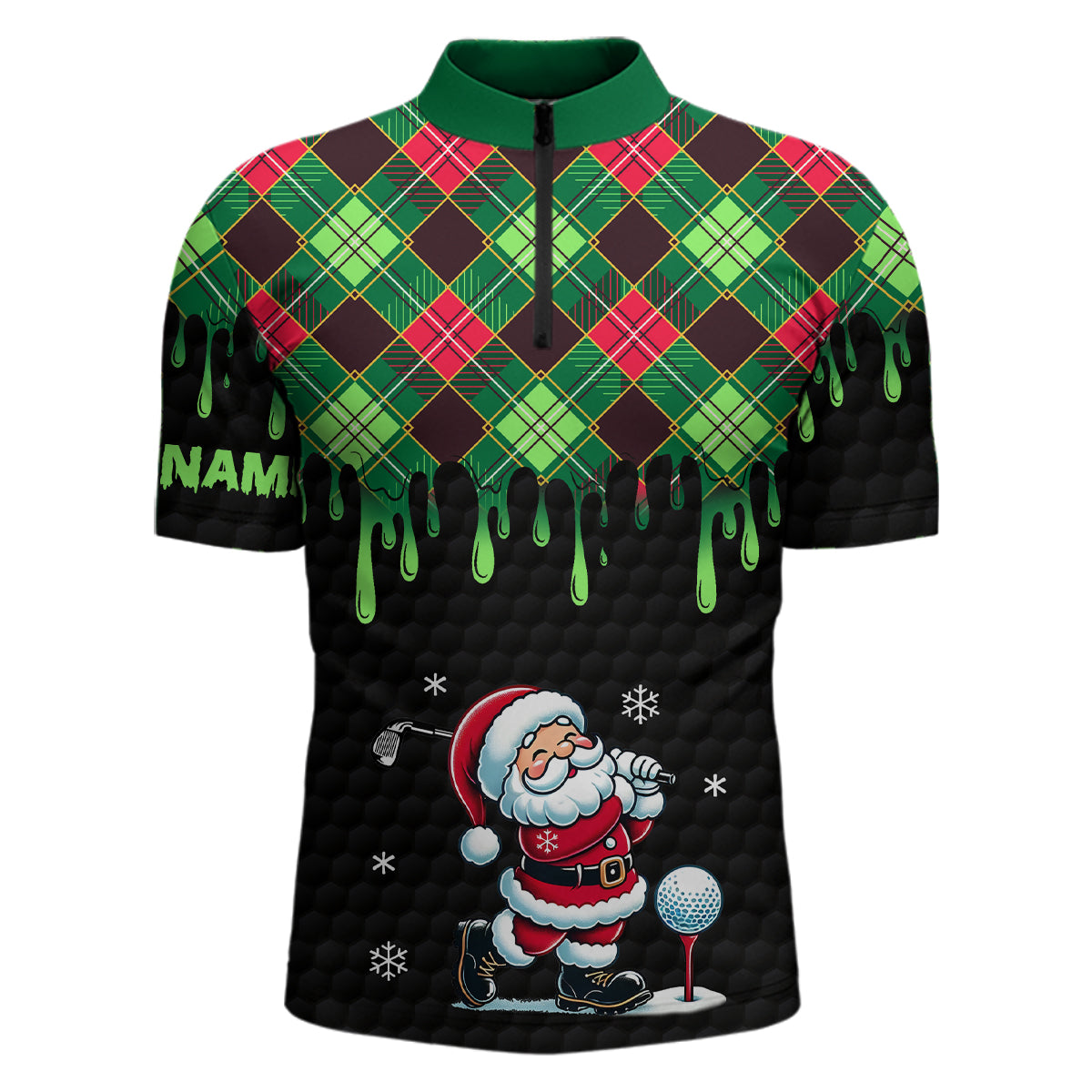 Men's Quarter Zip Santa Golfer Shirt - Green Argyle Christmas Pattern, Custom Black Golf Attire N8948