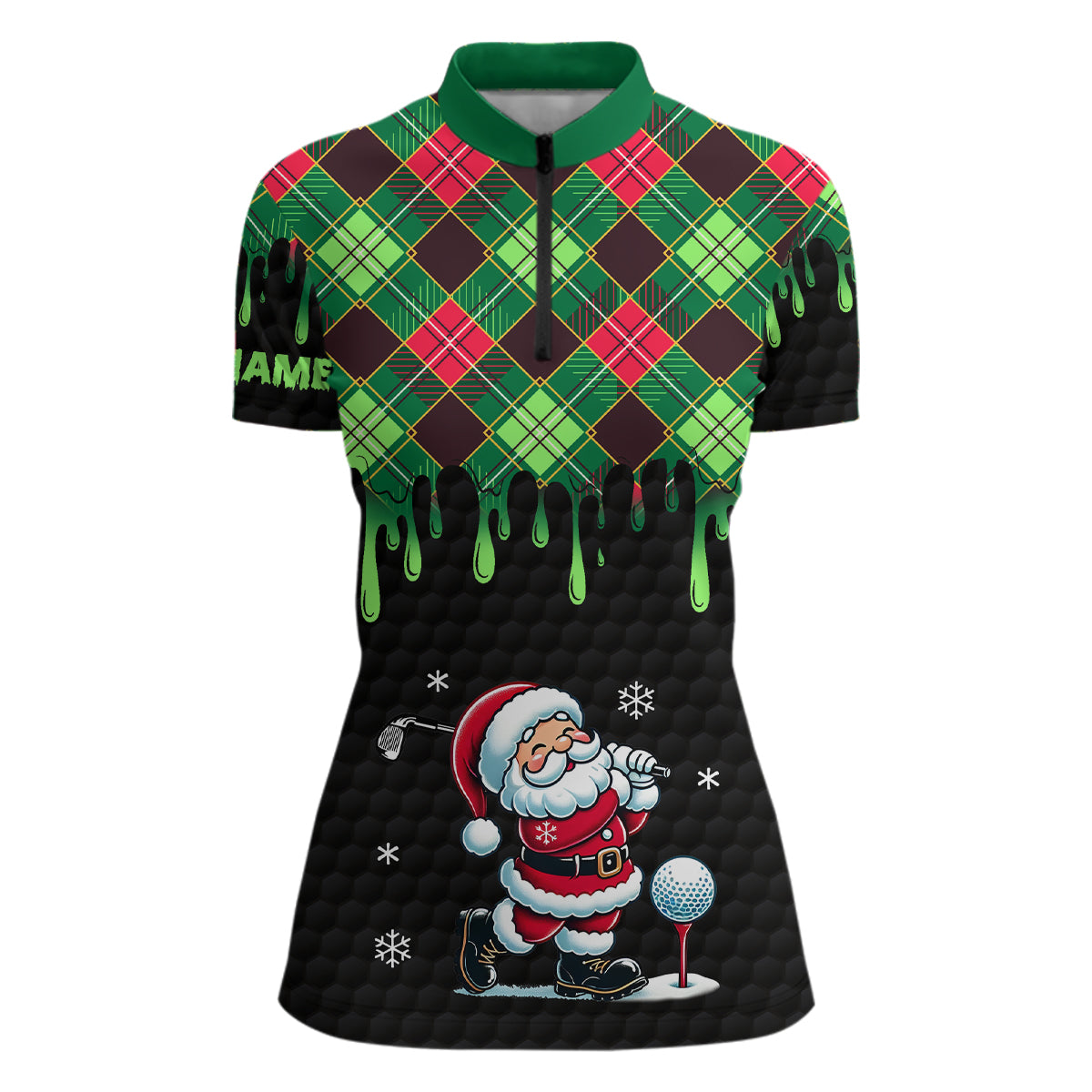 Green Argyle Christmas Pattern Santa Golfer Women's Quarter Zip Shirt - Custom Black Ladies Golf Attire N8948