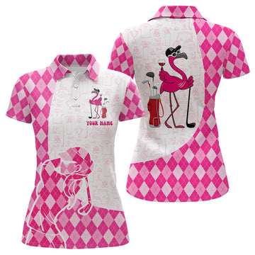 Women's Pink Flamingo Golf Polo with Argyle Plaid Pattern N6885