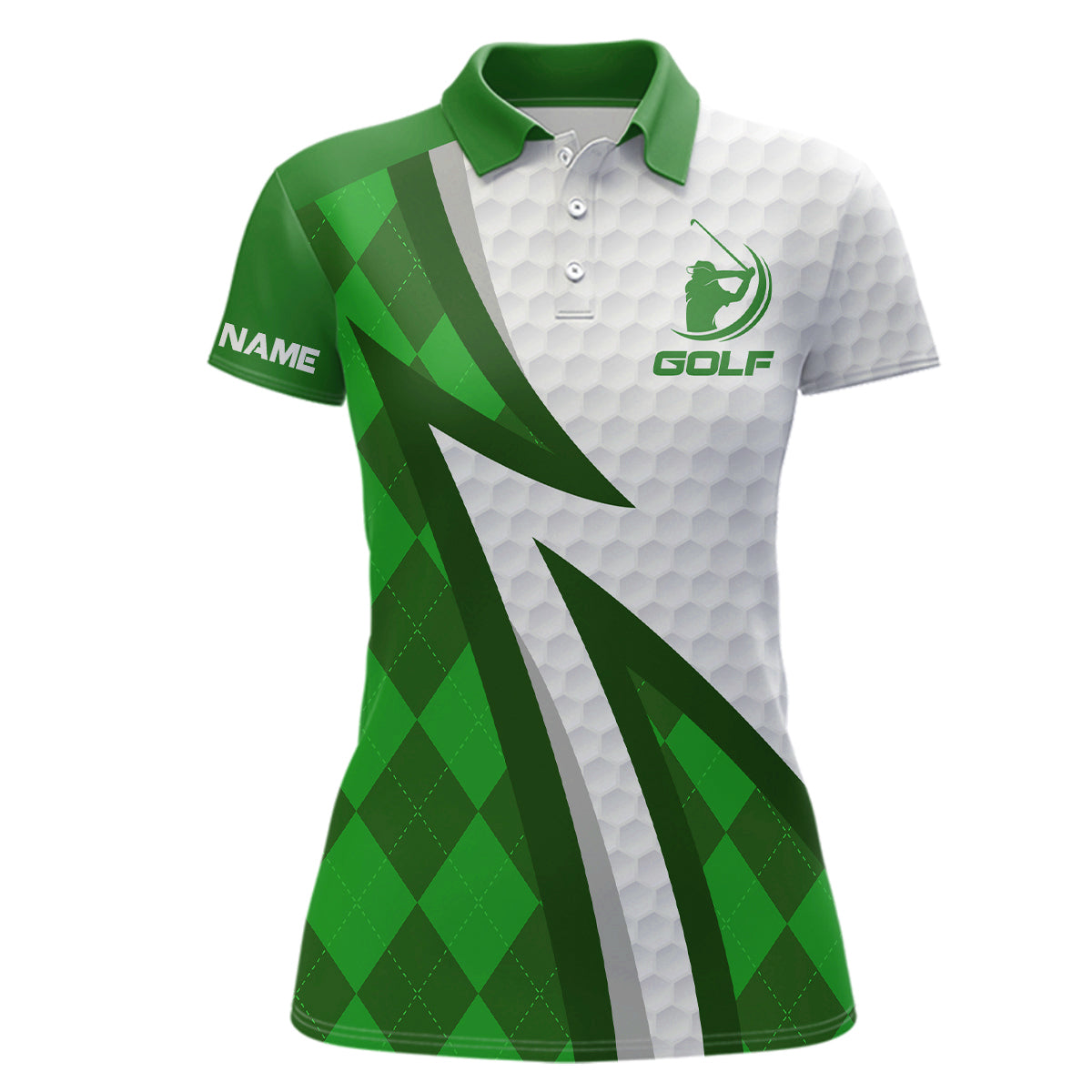 Customized Women's Golf Polo Shirt with Green Argyle Pattern and White Golf Ball Design N7168