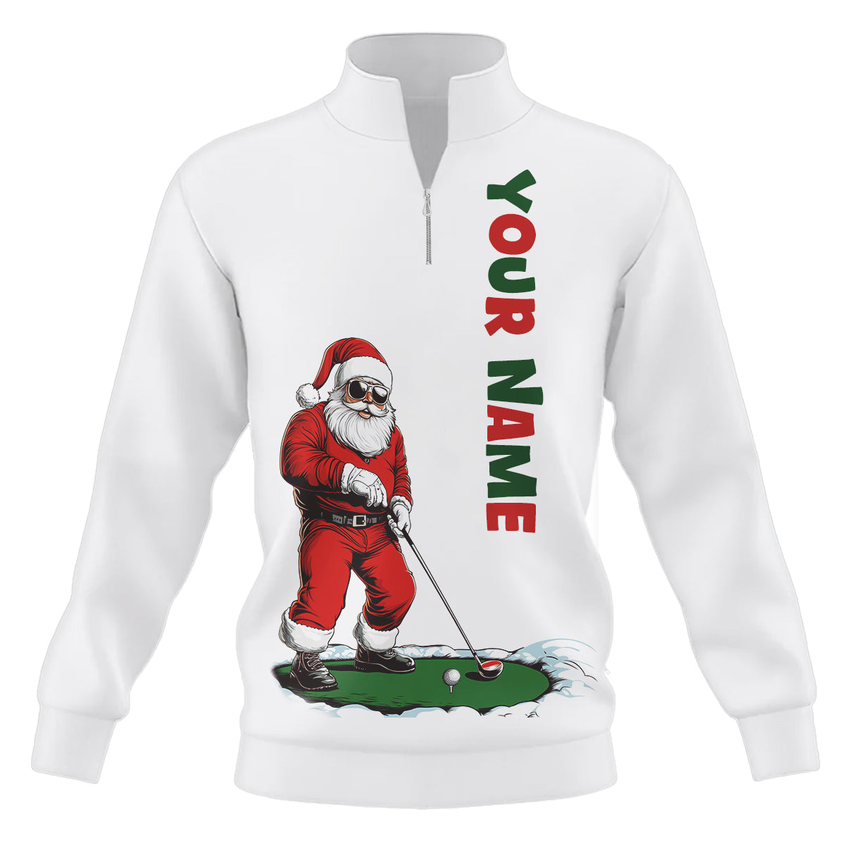 Funny Santa Golfer Christmas Quarter Zip Golf Sweatshirt – Custom Name Golf Sweater Gift for Golf Lovers N8997
