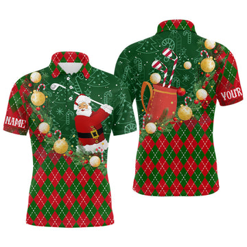 Men's Christmas Santa Golf Polo Shirt - Green and Red Argyle Pattern, Customizable Golf Outfit N9008