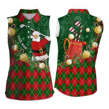 Christmas Santa Golf Polo Shirt - Sleeveless, Green and Red Argyle Pattern, Custom Golf Outfit N9008