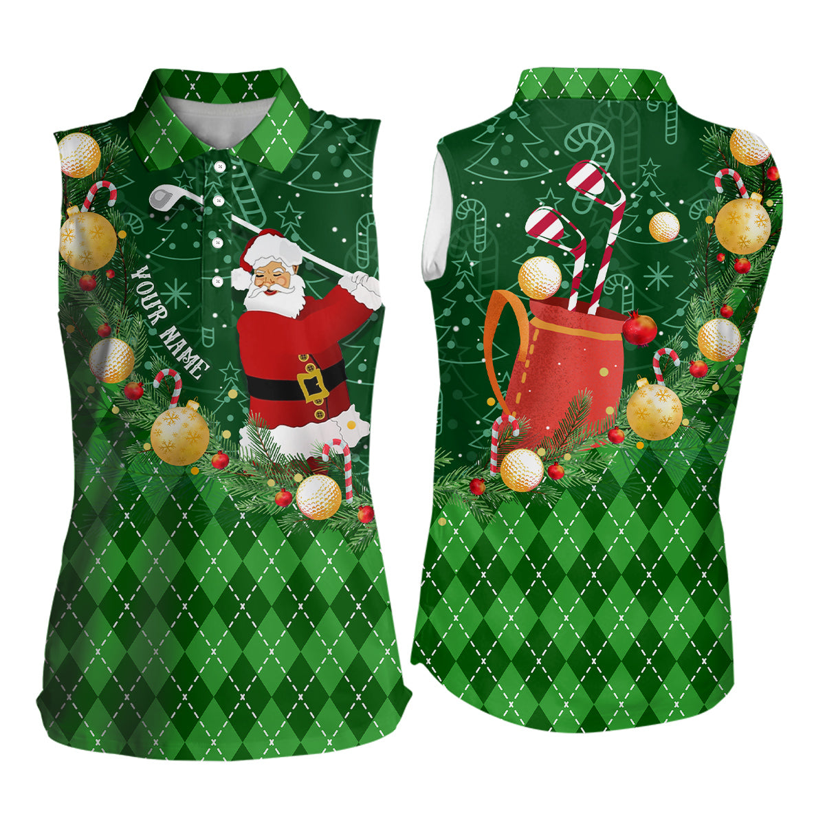Christmas Santa Golf Polo Shirt - Sleeveless Argyle Pattern - Custom Xmas Golf Outfit N9009