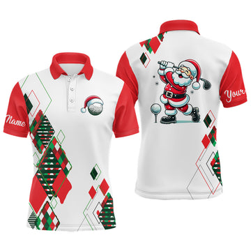 Christmas Argyle Pattern Golf Polo Shirt for Men - Santa Playing Golf - Custom Xmas Golf Outfit N9010