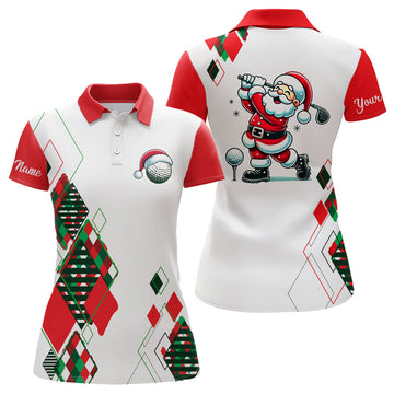 Christmas Argyle Pattern Santa Golf Polo Shirt for Women - Custom Xmas Ladies Golf Outfit N9010