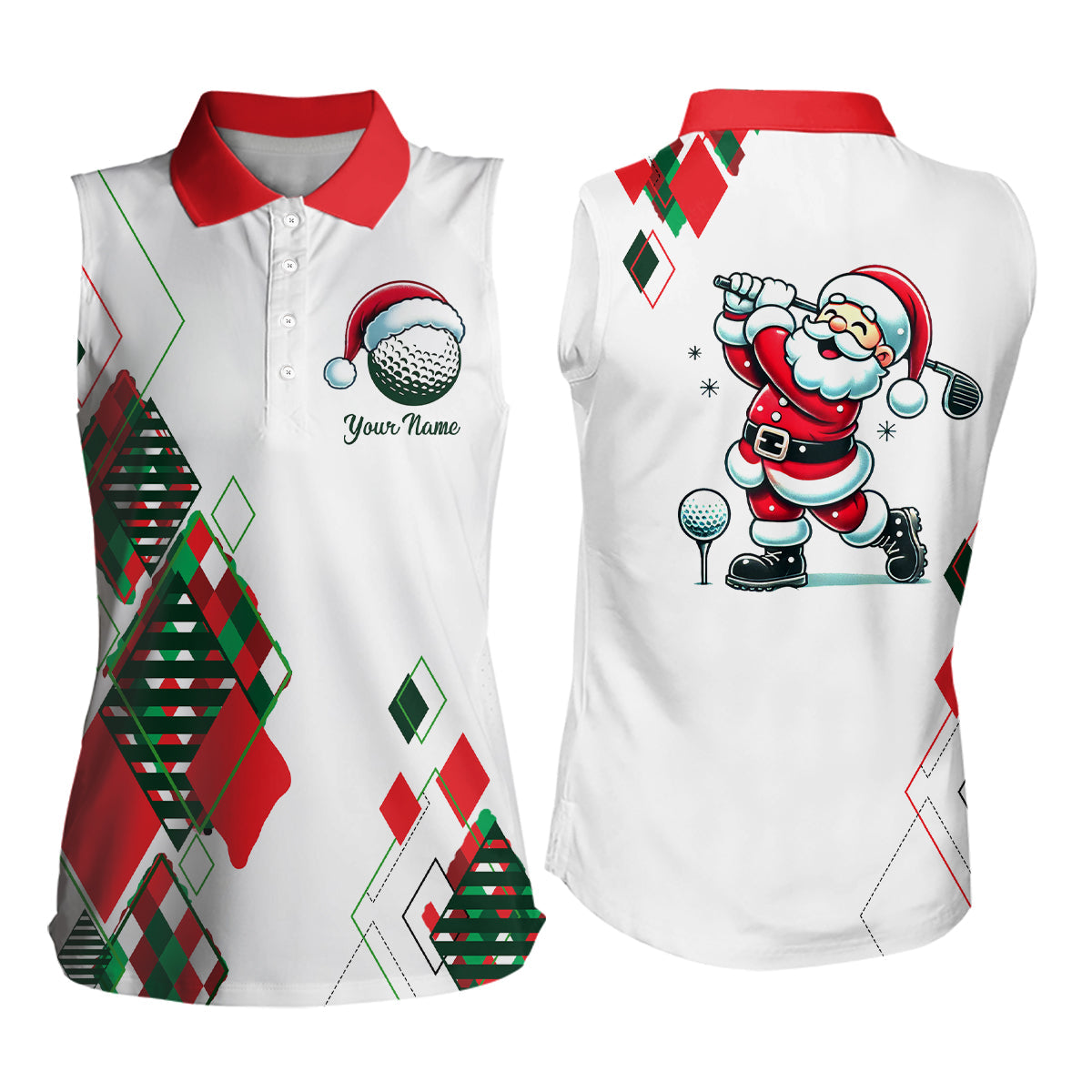 Christmas Argyle Pattern Santa Golf Polo Shirt for Women - Sleeveless Custom Xmas Golf Outfit N9010