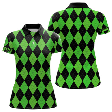 Women's Custom Green and Black Argyle Plaid Golf Polo Shirt - Stylish Golf Attire for Ladies N7184