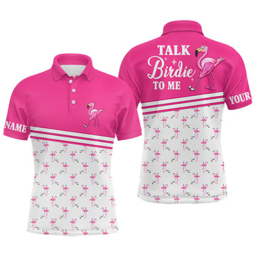 Men's Custom Pink and White Flamingo Golf Polo Shirt - "Talk Birdie to Me" N7527