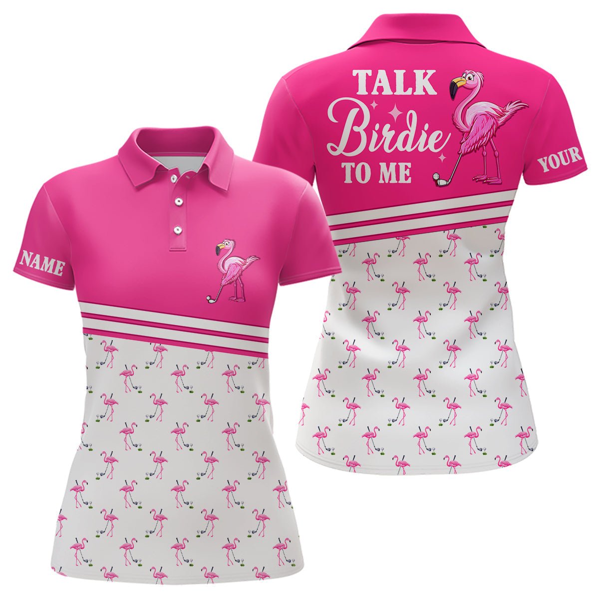 Stylish Women's Pink and White Flamingo Golf Polo Shirt - "Talk Birdie to Me" N7527