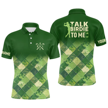 Custom Green Argyle Pattern Men's Golf Polo Shirt - "Talk Birdie to Me" - Funny Golf Shirt N7374