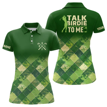 Women's Custom Green Argyle Pattern Golf Polo Shirt - Funny "Talk Birdie to Me" Design N7374