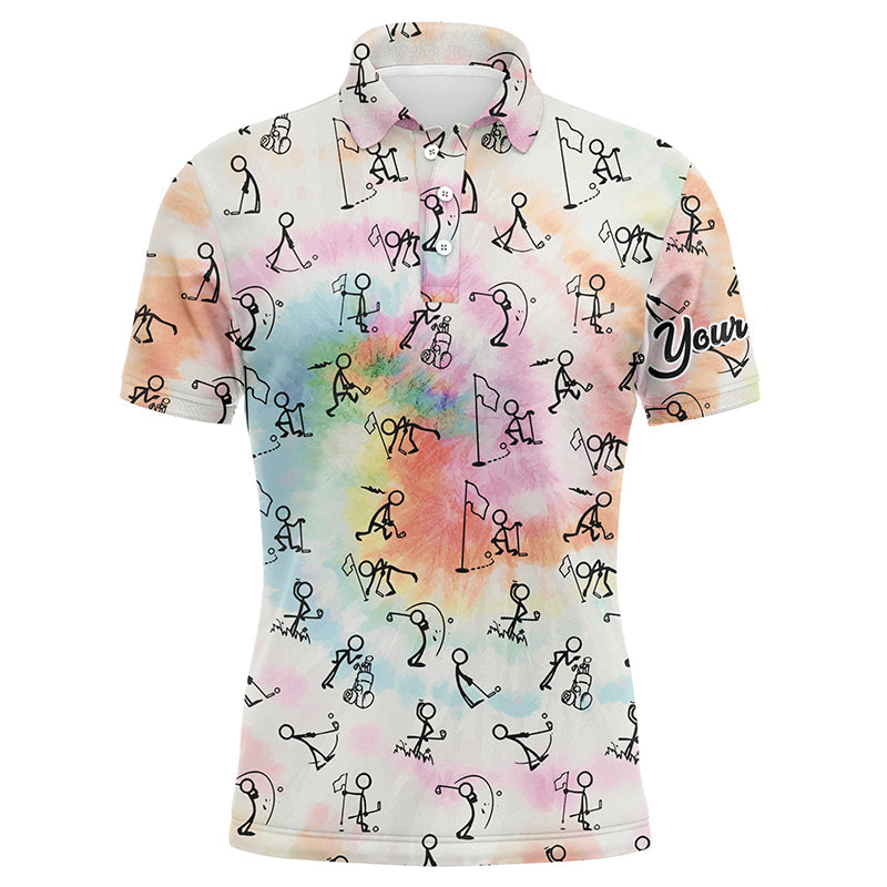 Tie Dye Golf Polo Shirt for Men with Rainbow Stick Figures - Custom Golf Gift L1045