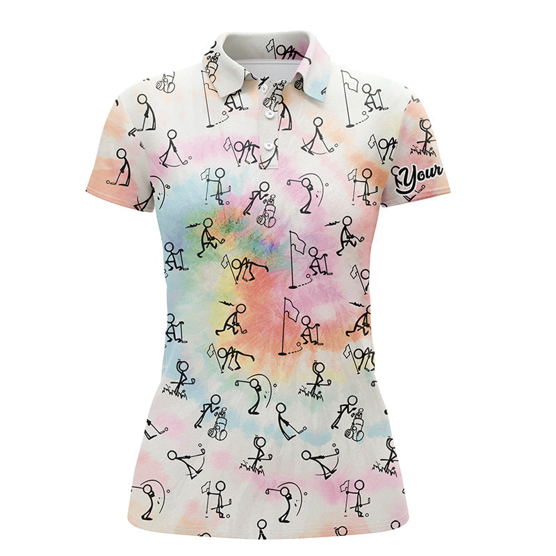 Rainbow Tie Dye Golf Polo Shirt with Stick Figures Playing - Custom Women's Golf Shirt - Golf Gifts L1045