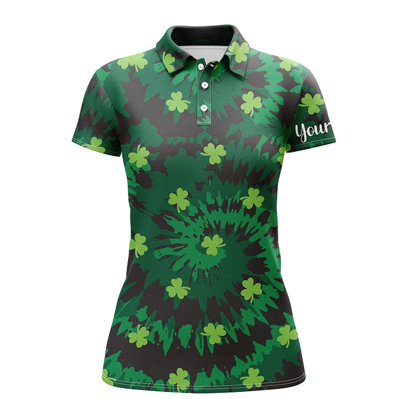 Women's Green Clover St. Patrick's Day Tie Dye Golf Polo Shirt - Custom Golfing Gift L1254