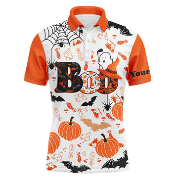 Spooky Halloween Golf Pattern Orange Polo Shirt | Personalised Humorous Golf Shirt for Men | Golf Gifts L0345