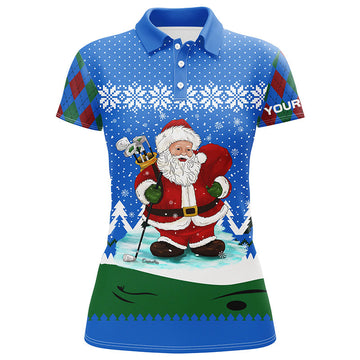 Blue Christmas Golf Polo Shirt with Santa Argyle Pattern for Women - Custom Golf Gift L1024