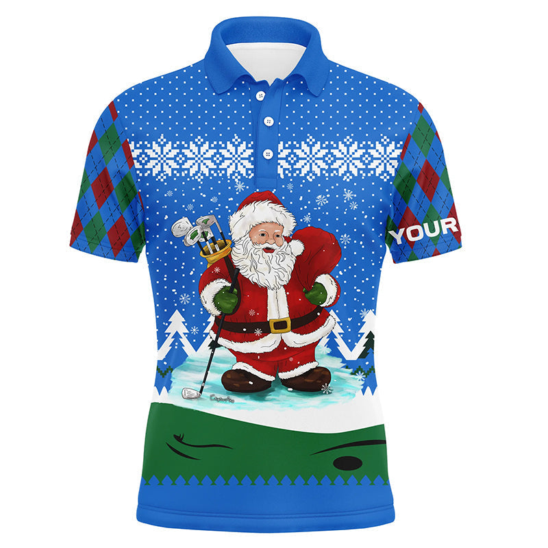 Blue Christmas Golf Santa Argyle Pattern Men's Polo Shirt - Custom Golf Shirts for Men - Golf Gifts L1024