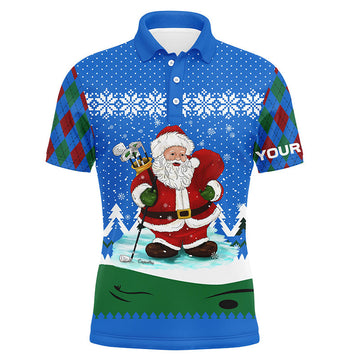 Blue Christmas Golf Santa Argyle Pattern Men's Polo Shirt - Custom Golf Shirts for Men - Golf Gifts L1024