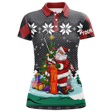 Santa Golfing Ugly Christmas Polo Shirt | Custom Argyle Pattern | Funny Golf Tops for Women L1027