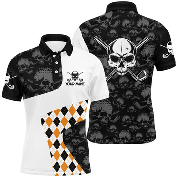 Men's Halloween Orange Argyle Skull Golf Polo Shirt L0545