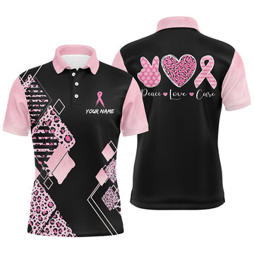 Men's Black & Pink Leopard Print Golf Polo Shirt with Breast Cancer Pink Ribbon Design L1352