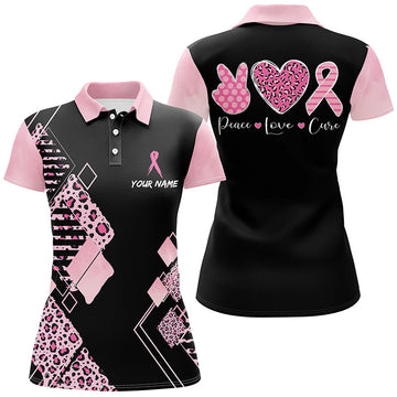 Black & Pink Leopard Print Golf Polo Shirts | Breast Cancer Pink Ribbon Golf Shirts For Women L1352