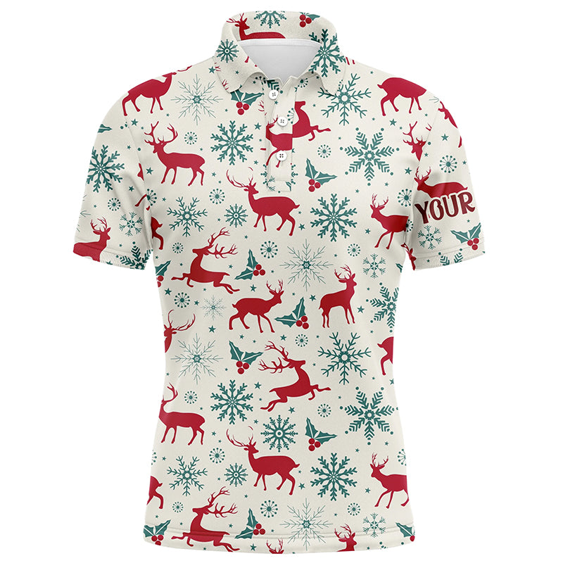 Classic Christmas Reindeer Snowflake Men's Golf Polo Shirt - Winter Holiday Golf Gift For Him L0461