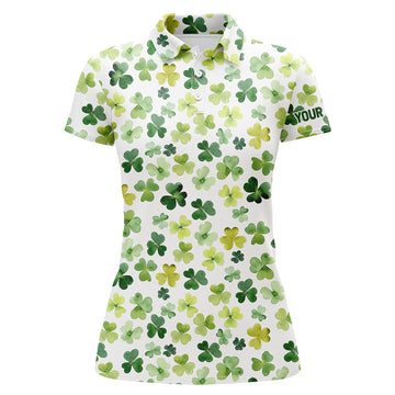Personalized St. Patrick's Day Golf Polo Shirt with Watercolor Green Clover Leaf Design for Women L1259