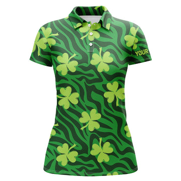 Green Striped Zebra With Clover Golf Polo Shirts - St. Patrick's Day Women's Golf Shirt - Golf Gift L1265