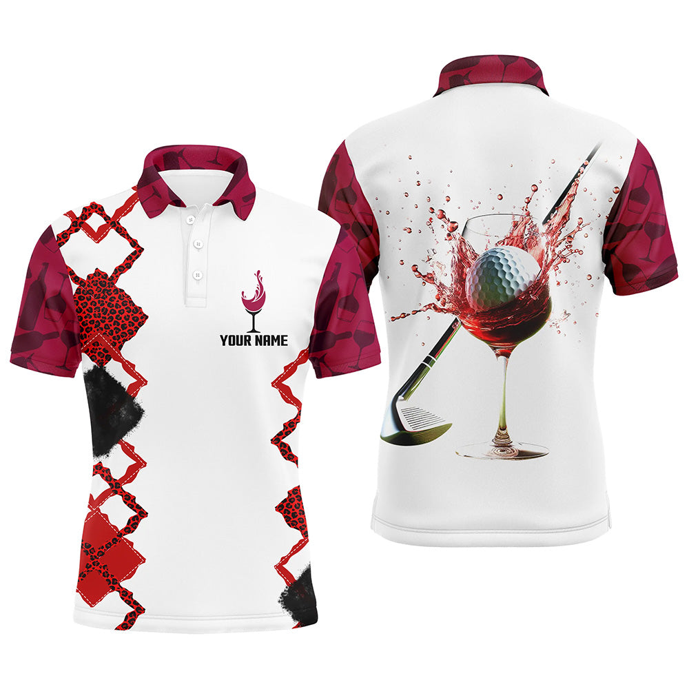 Personalized Men's Golf Polo Shirt - White Red Wine Leopard Design - Ideal Golfing Gift L1311