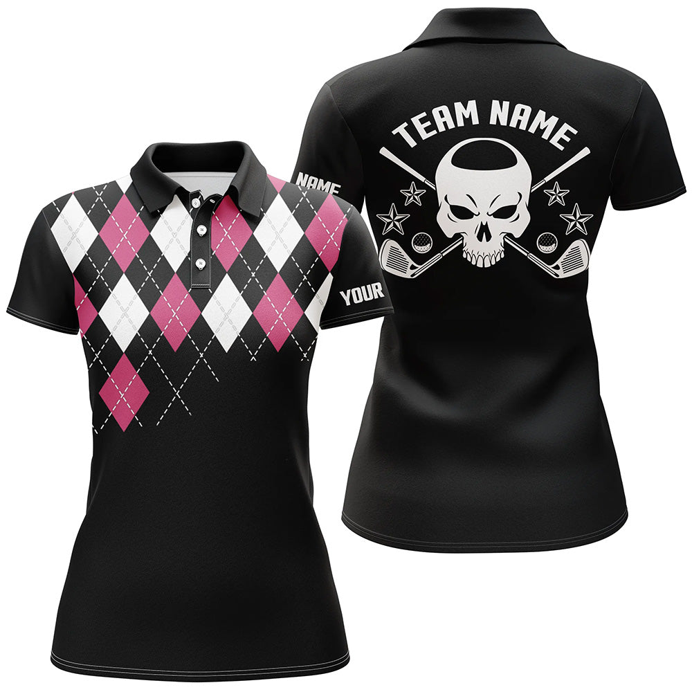 Pink Argyle Pattern Women's Golf Polo Shirt - Customised Skull Golf Shirt for Ladies - Golf Gifts for Women L0099