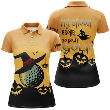 My Broom Broke, Now I Golf - Orange Halloween Polo Shirt - Witch Scary Golf Gift for Women L0346