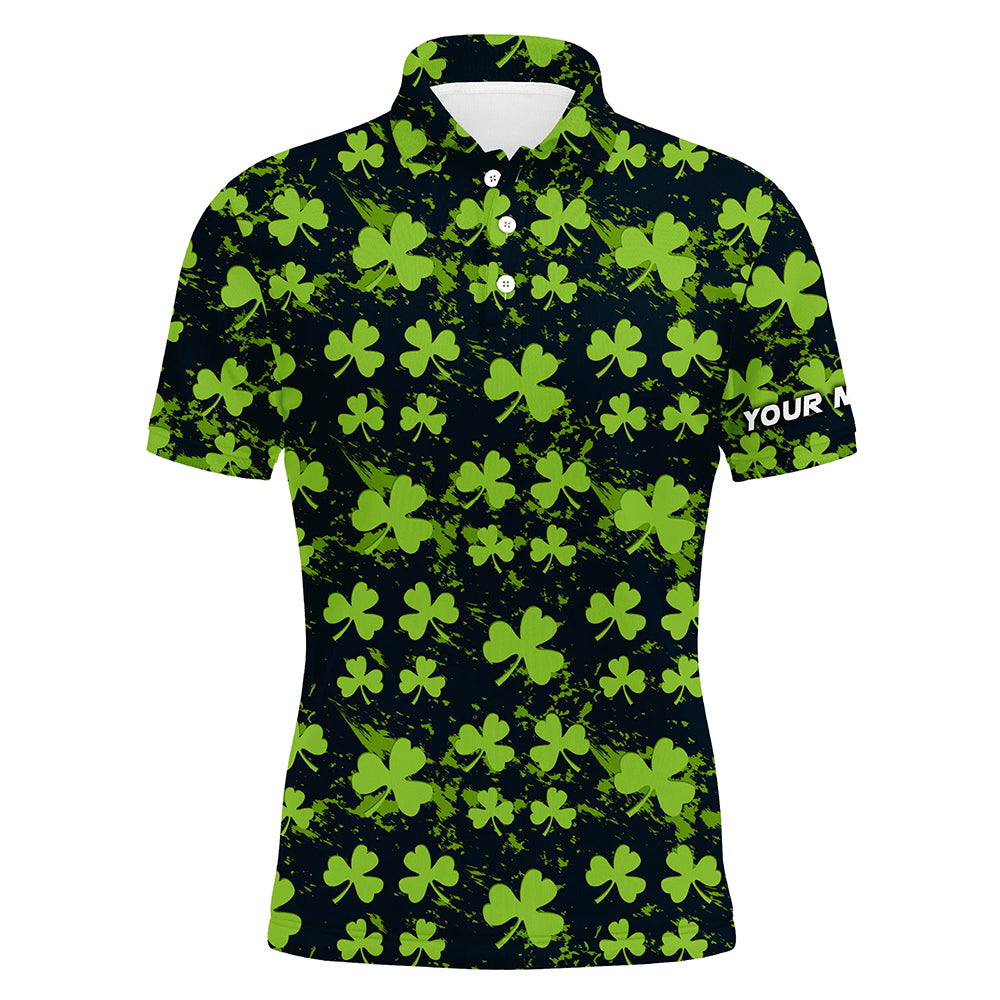 Green Clover Leaf St. Patrick's Day Men's Golf Polo Shirt with Custom Name - Personalized Golf Shirt for Men L1329