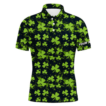 Green Clover Leaf St. Patrick's Day Men's Golf Polo Shirt with Custom Name - Personalized Golf Shirt for Men L1329
