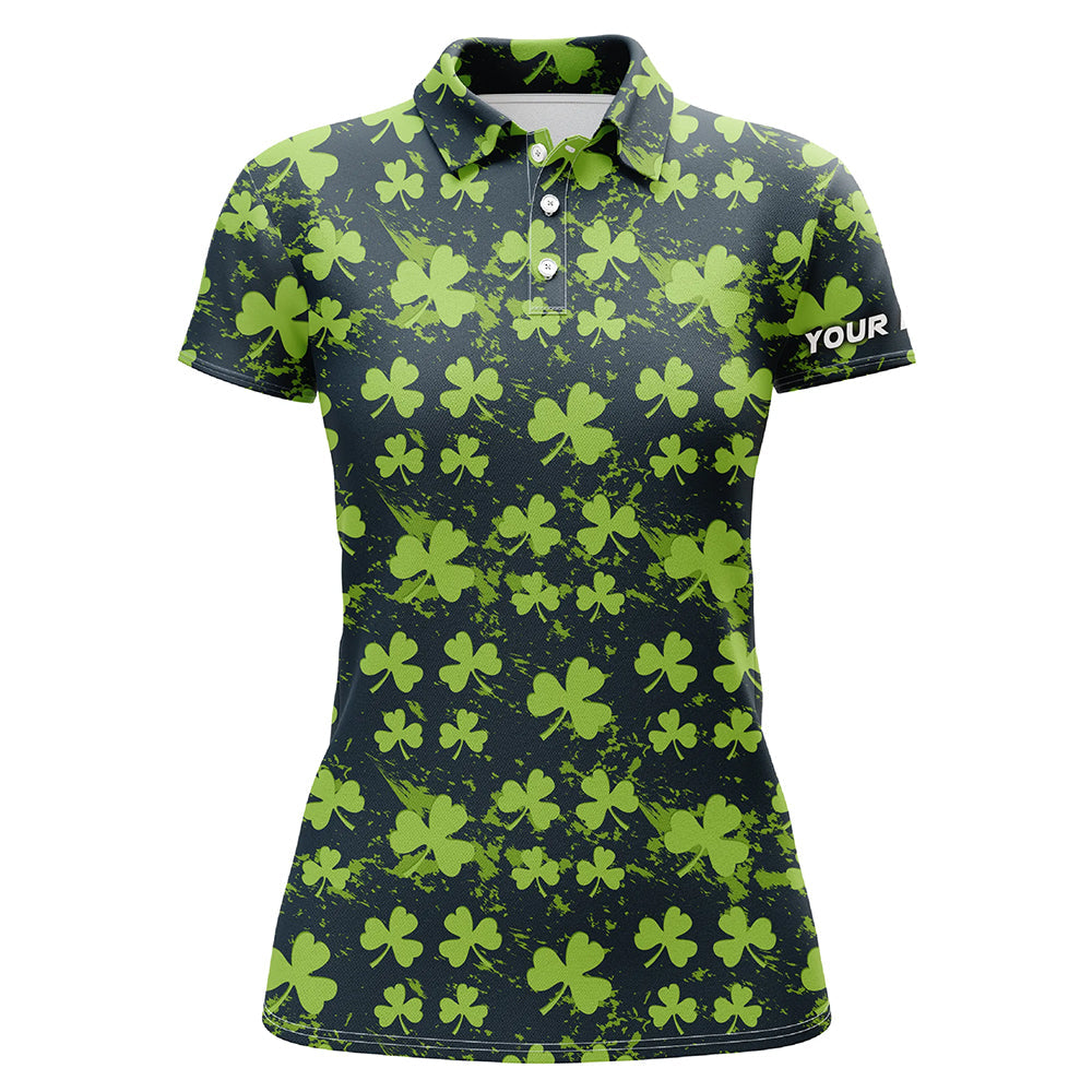 Personalized Watercolor Green Clover Leaf St. Patrick's Day Golf Polo Shirt for Women L1329