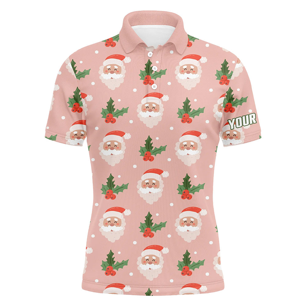 Santa With Holly On Pink Men's Golf Polo Shirt - Custom Golf Shirts For Men - Golf Gifts L0677