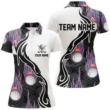 Flames Golf Polo for Women - Personalized Golf Shirt - Fire Golf Ball Theme L0128