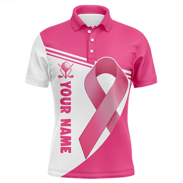 Personalized Breast Cancer Awareness Pink Ribbon Men's Golf Polo Shirt - Custom Name Embroidery - Ideal Golfing Gift L1351