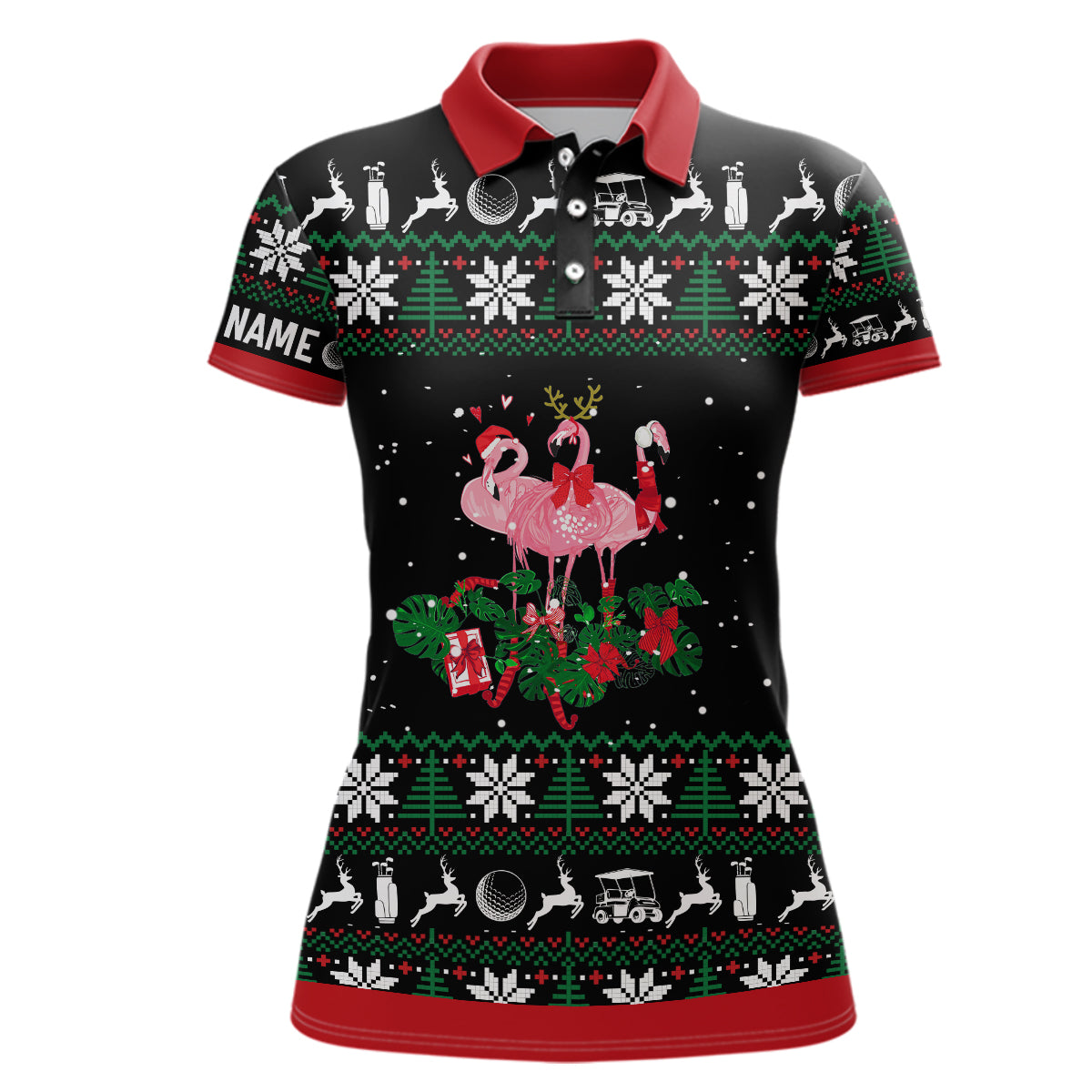 Christmas Flamingo Women's Golf Polo Shirt | Custom Golf Gifts for Her | Personalised Golf Tops L1043