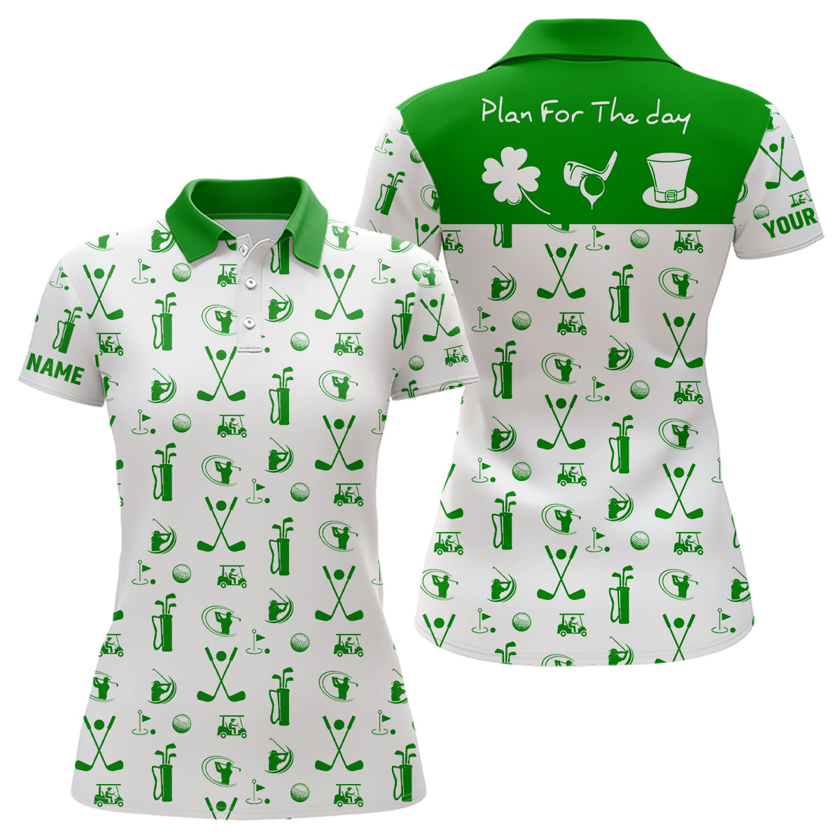 Stylish St. Patrick's Day Polo Shirt for Women - Green and White Golf Icon Design L1279