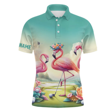 Tropical Pink Flamingo Men's Golf Polo Shirt - Personalized Name - Golf Gifts for Him L1306