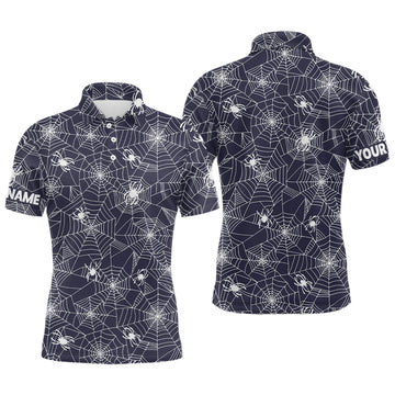 Men's Halloween Golf Polo Shirt with Spooky White Spiders on Cobweb Design L0376