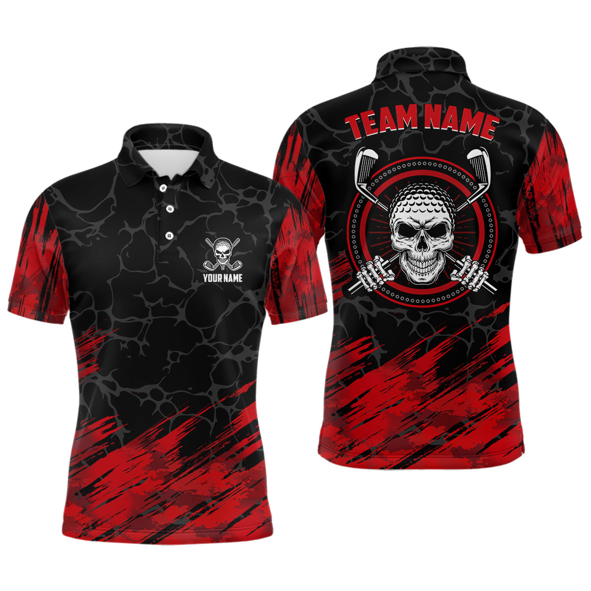 Customized 3D All Over Print Skull Men's Golf Polo Shirt, Red And Black Golf Shirt For Men L0177