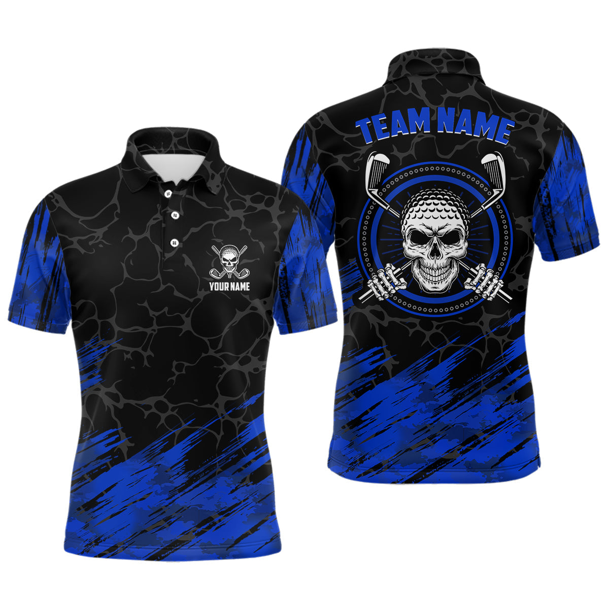 Customized 3D All-Over Print Skull Men's Golf Polo Shirt in Navy and Black - Golf Shirts for Men L0448