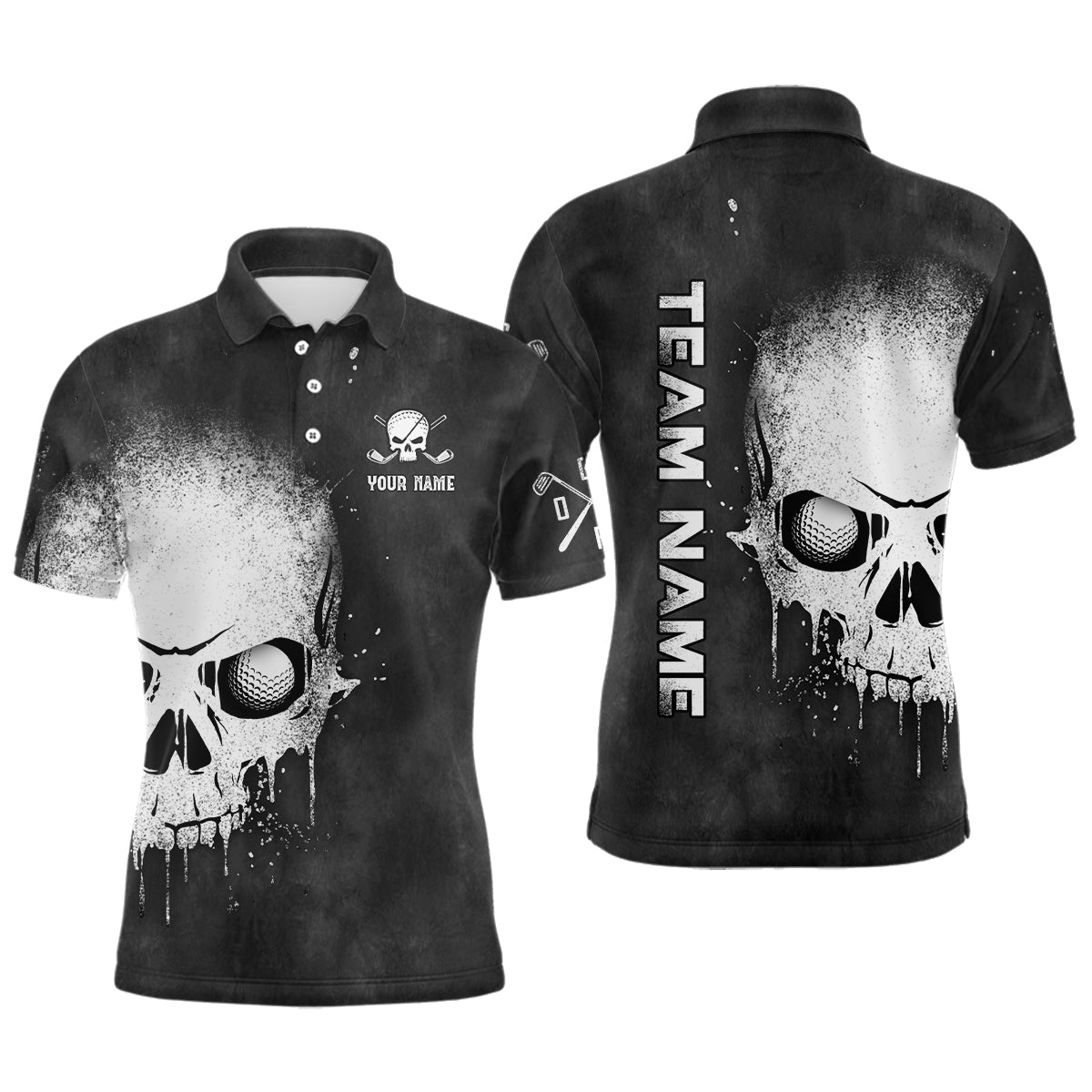 Men's Custom Golf Polo Shirt - Black & White Skull Design - Unique Golf Gift L1407