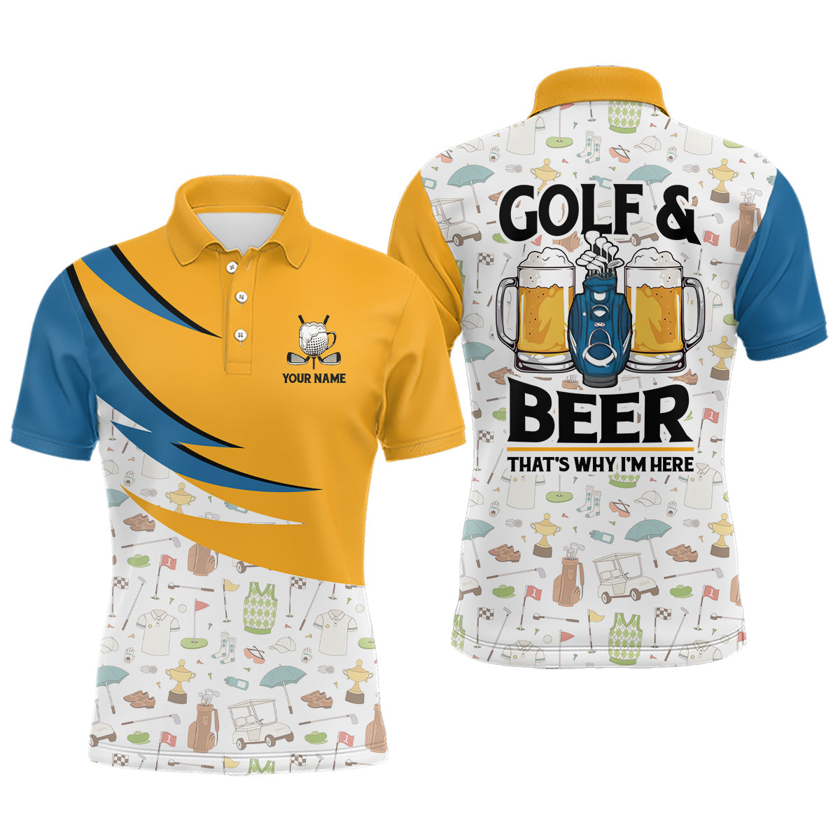 Golf & Beer That's Why I'm Here Men's Polo Shirt with Golf Icons - Cool Golf Apparel for Men L0471