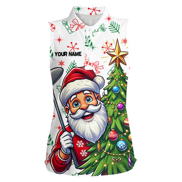 Funny Santa White Xmas Pattern Women's Sleeveless Golf Polo Shirt - Perfect Christmas Gift for Golfers T3058