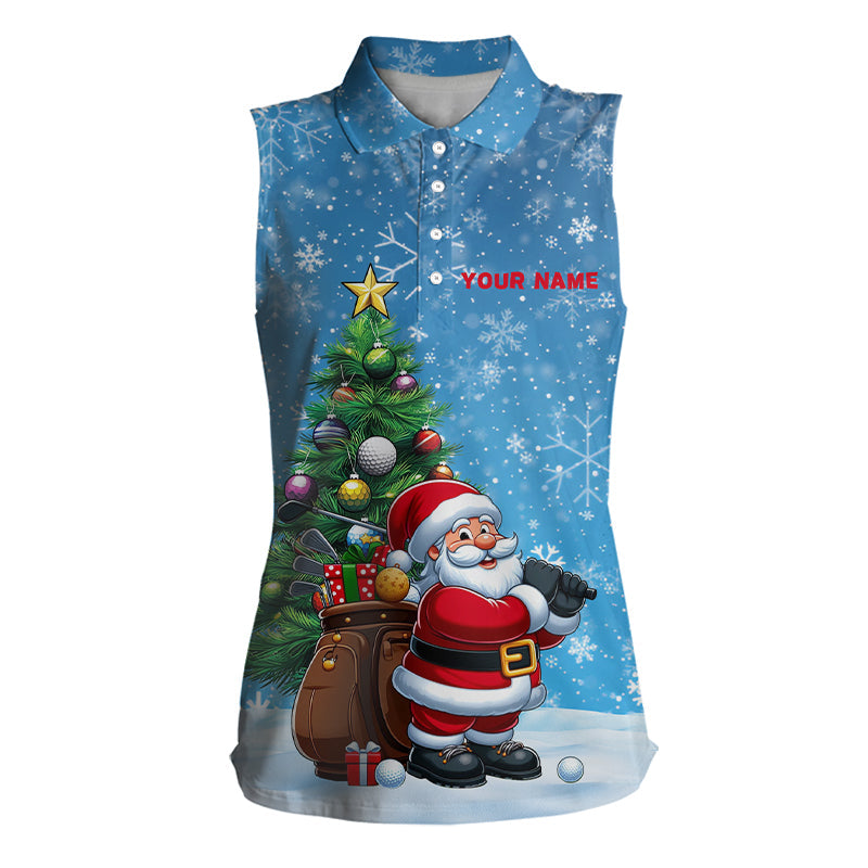 Funny 3D Santa Christmas Golf Polo Shirt for Women - Sleeveless Blue Pine Tree Design - Unique Holiday Gift T3066