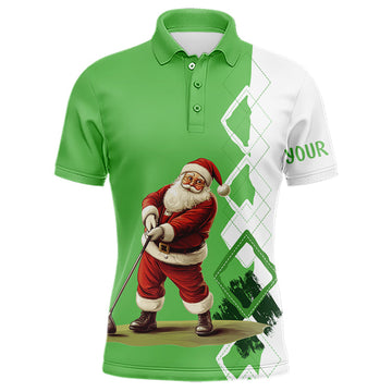 Men's Green and White Argyle Christmas Santa Golf Polo Shirt - Custom Holiday Golf Shirt N9024